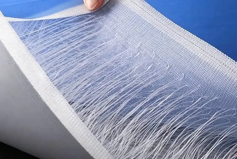 Cross-section of drop stitch PVC fabric showing internal threads for inflatable swimming pool construction