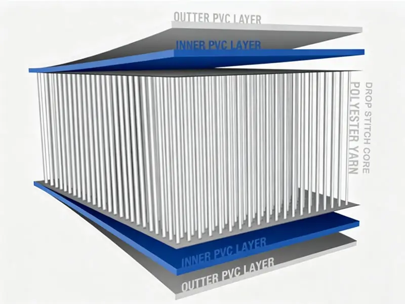Technical cross-section diagram of 3D drop stitch fabric internal polyester threads and PVC layers