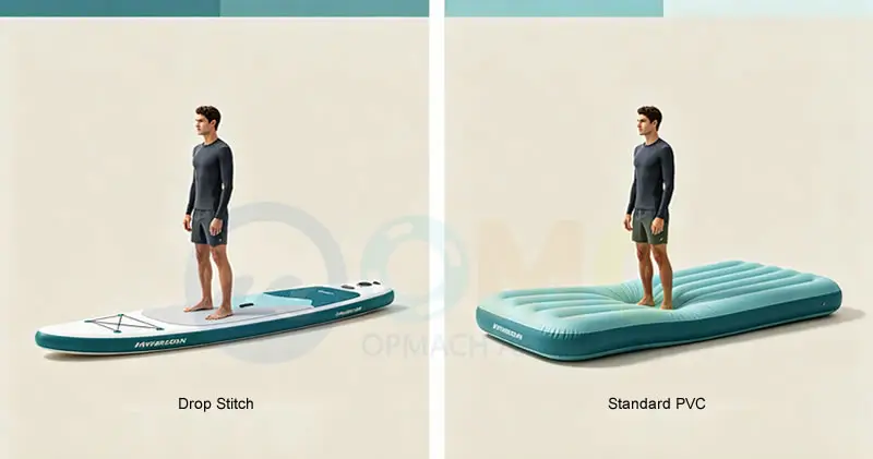 Comparison graphic showing flat profile drop stitch structure vs bulging standard PVC inflatable under pressure