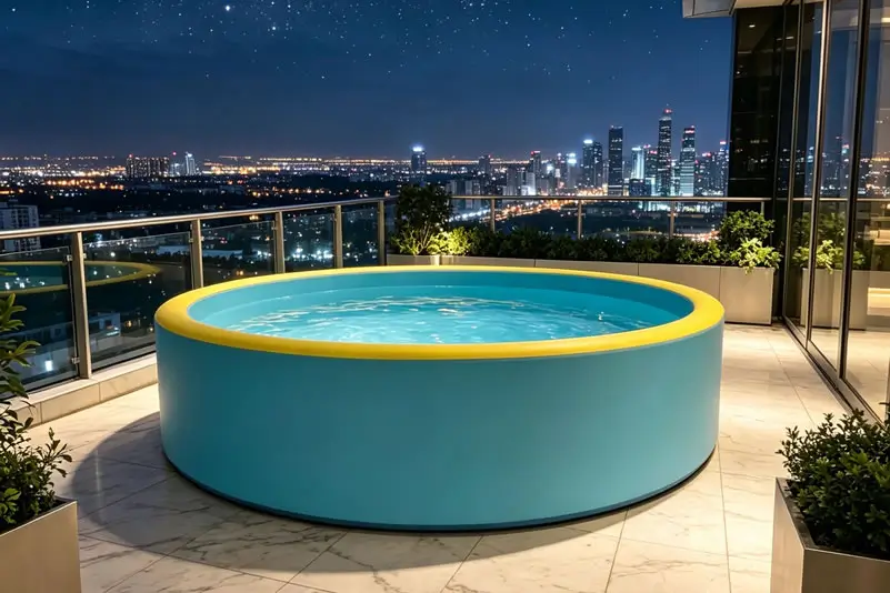 Commercial portable drop stitch swimming pool installed on a luxury resort terrace venue.