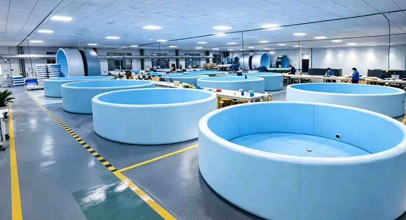 Automated high-frequency thermal welding production line and strict pressure testing for custom drop stitch pools inside the manufacturing facility.