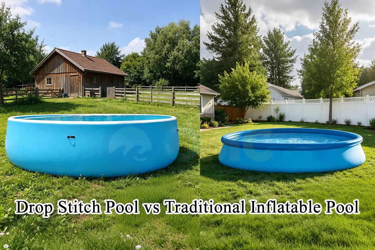 Side-by-side comparison of drop stitch pool straight walls versus traditional inflatable pool bulging walls under water pressure