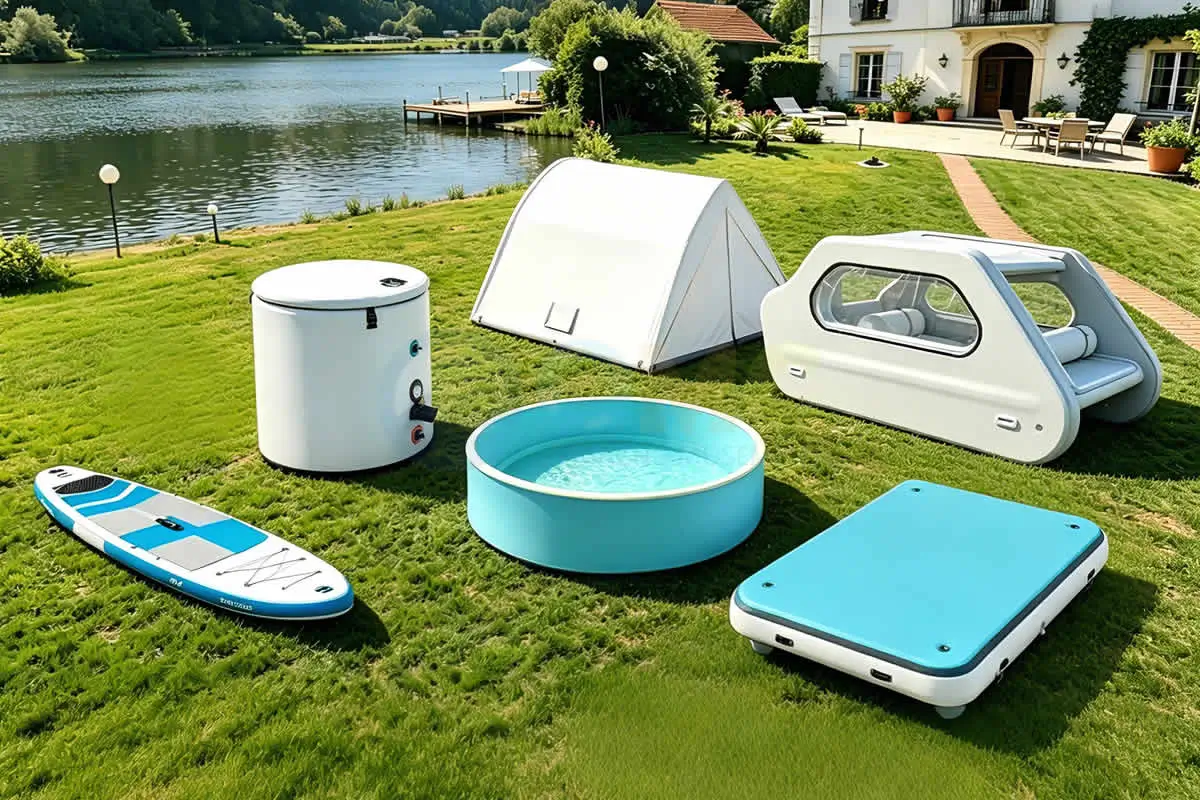 Multiple application scenarios of drop stitch technology including inflatable pools, SUP boards, floating docks, and ice bath tubs for commercial use