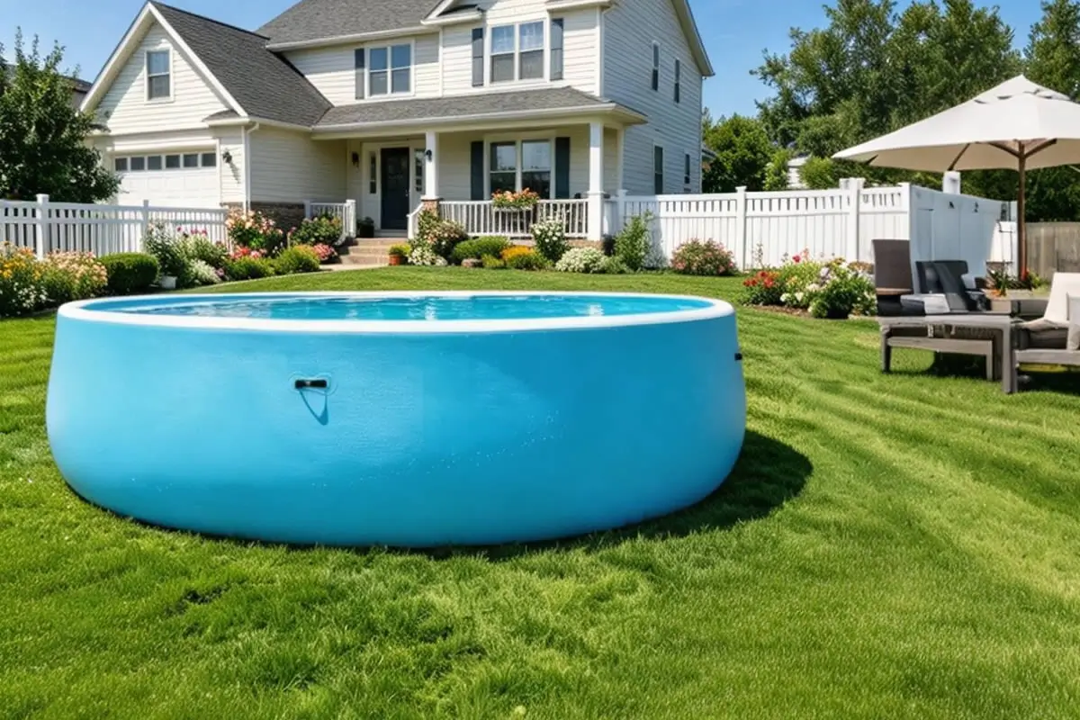 Drop stitch portable swimming pool installation process showing inflation setup completed within 3 hours on resort lawn