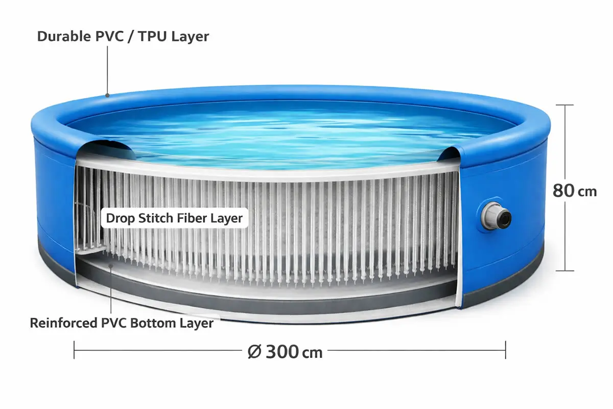 Drop stitch portable swimming pool internal structure showing vertical fiber connections and rigid wall system