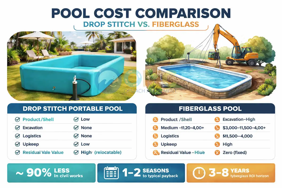 Cost comparison chart between drop stitch portable swimming pool and fiberglass pool showing CAPEX and installation cost differences