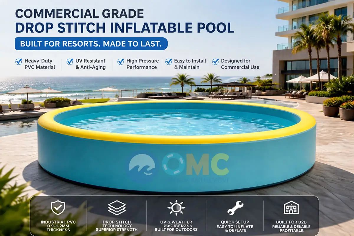 Commercial grade drop stitch inflatable pool installed at resort hotel showing industrial PVC quality and outdoor durability for B2B operators