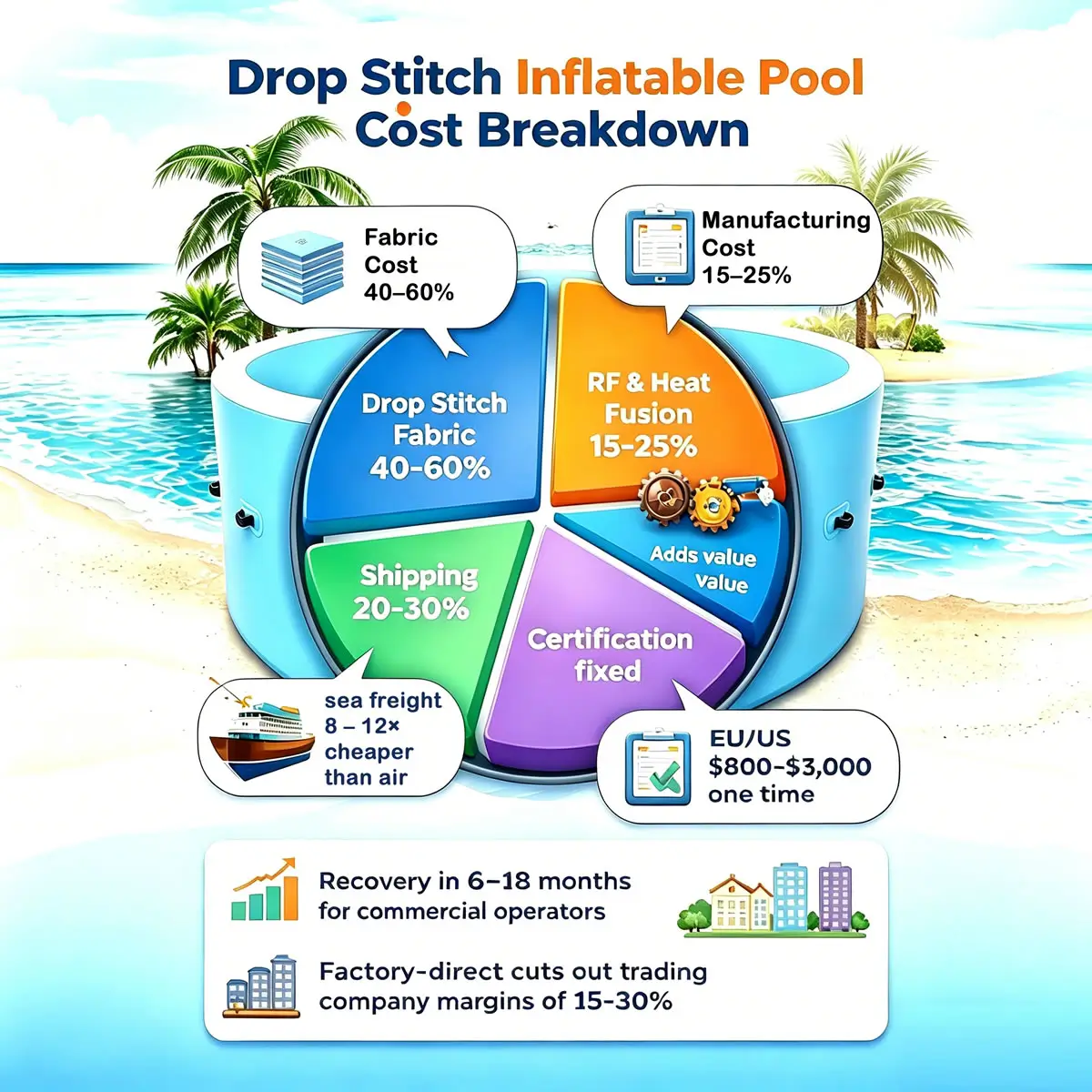 Drop stitch inflatable pool cost breakdown chart showing material manufacturing shipping and certification percentages for B2B buyers