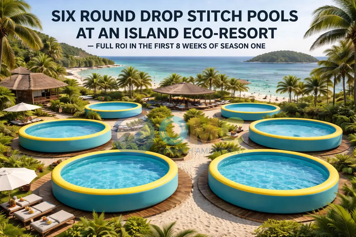Drop stitch inflatable pool installed at Southeast Asia eco resort showing ROI performance and commercial inflatable pool price value for boutique hotel operators
