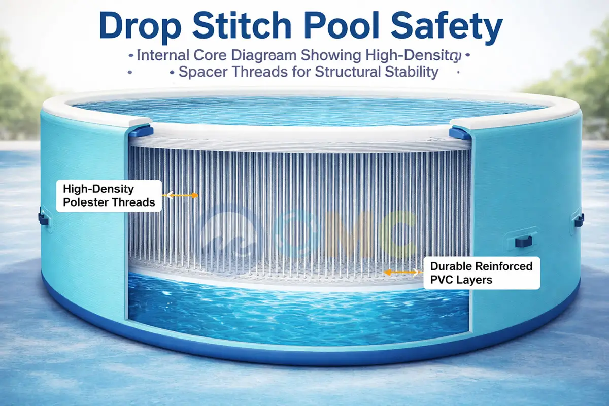 Drop stitch pool safety — internal core diagram showing high-density polyester spacer threads for structural stability.