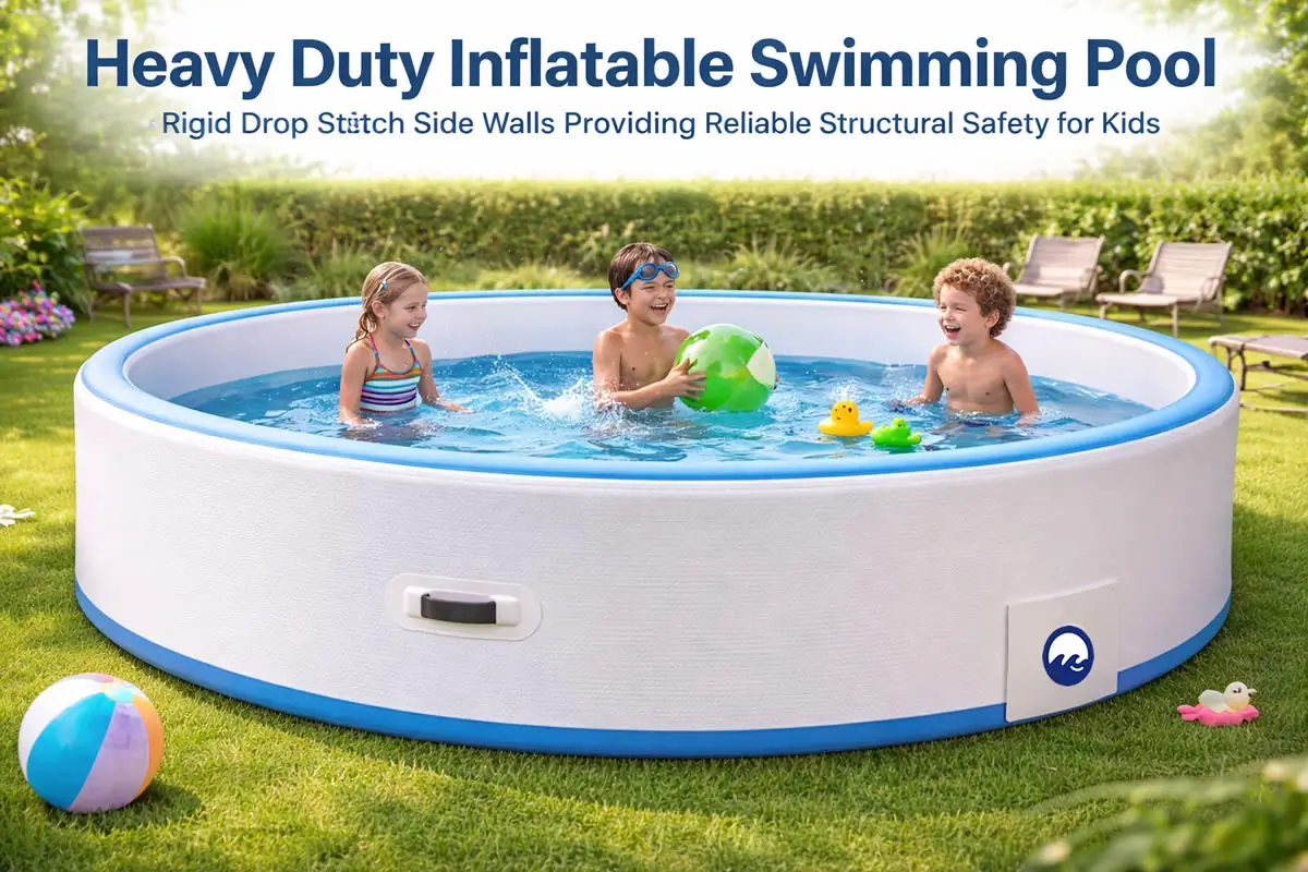 Heavy duty inflatable swimming pool with rigid drop stitch side walls providing reliable structural safety for kids.