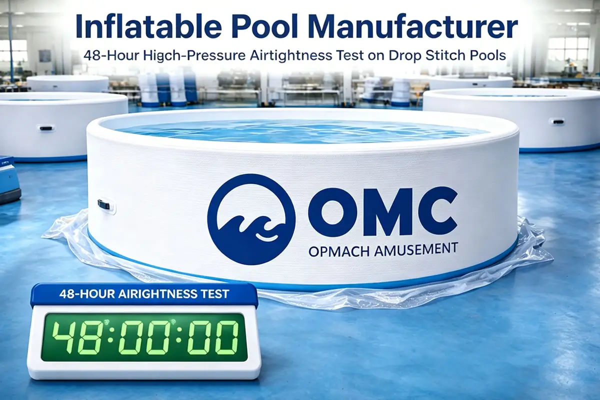 Inflatable pool manufacturer production floor performing a 48-hour high-pressure airtightness test on drop stitch pools.