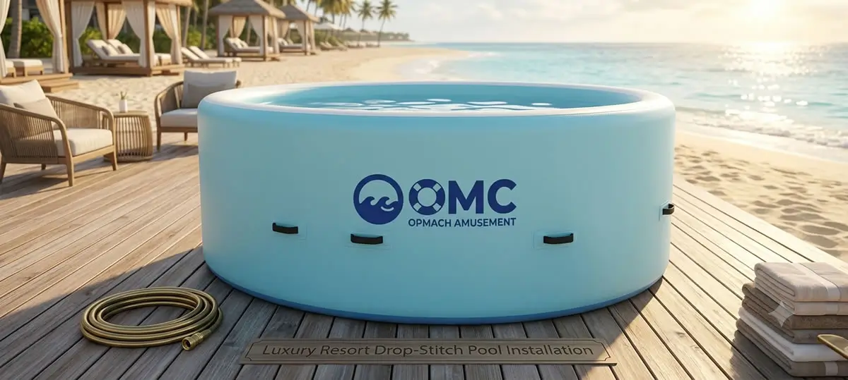 Commercial grade inflatable pool for resort use installed on a beachfront wooden deck venue