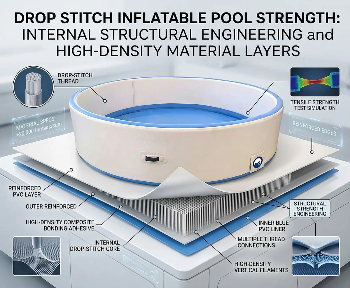 Drop stitch inflatable pool strength internal structural engineering and high-density material layers