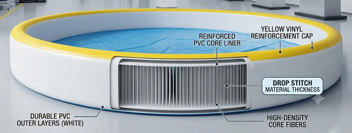 Drop stitch material thickness PVC structural cross-section highlighting high-density core fibers
