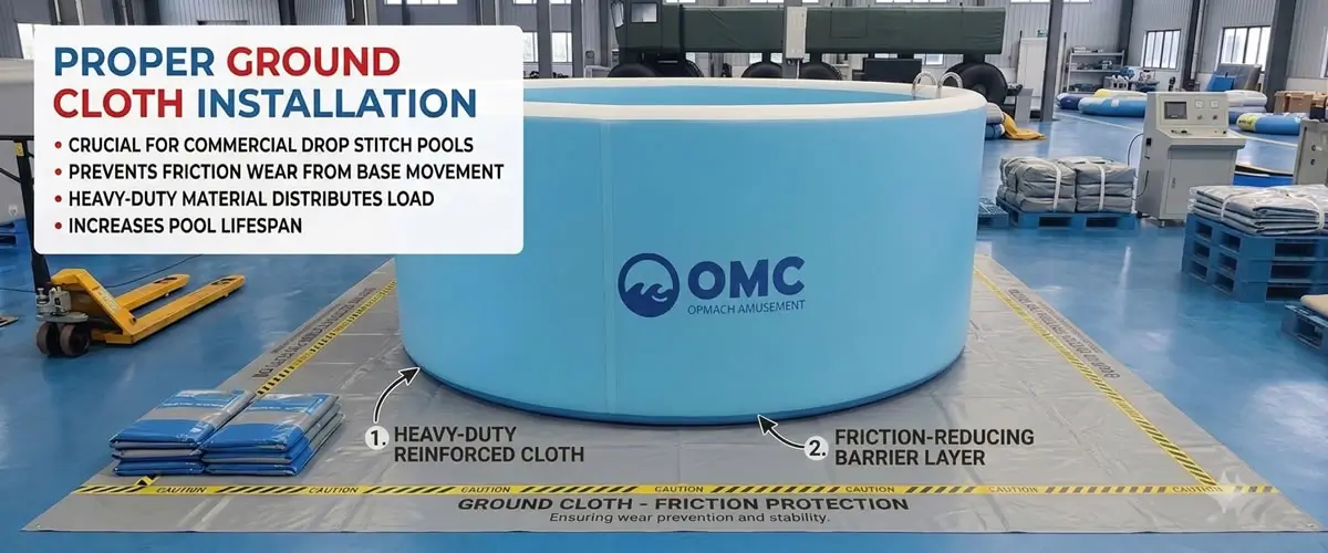 Proper ground cloth installation beneath a commercial drop stitch pool to prevent friction wear