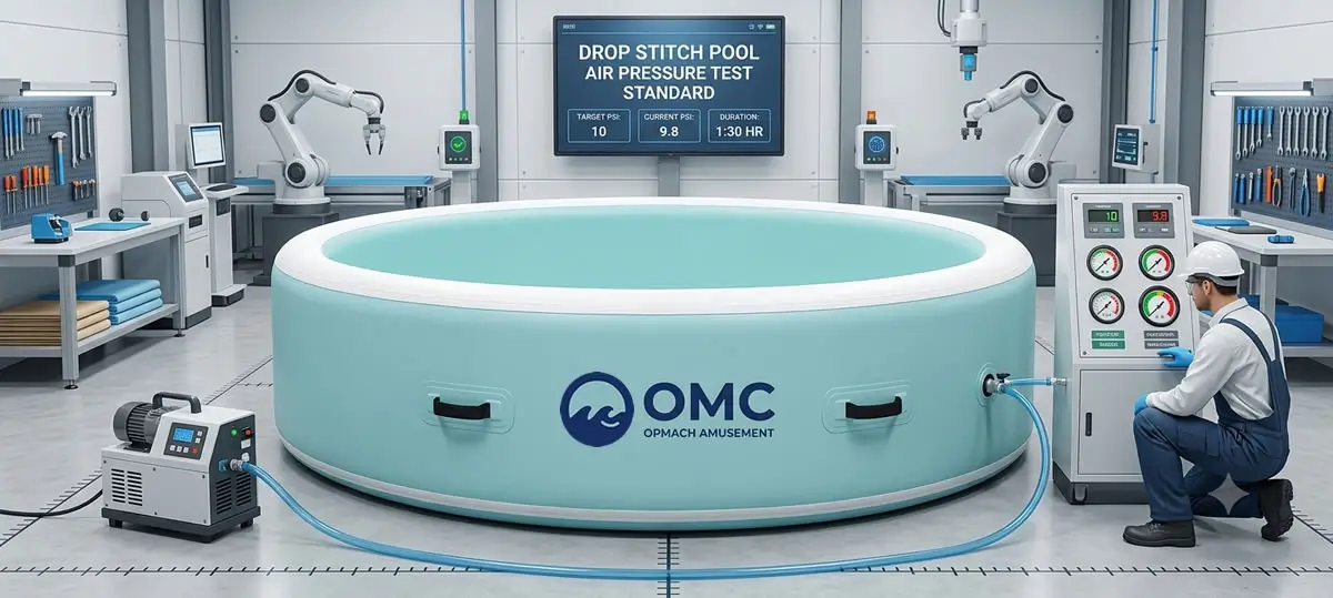 Drop stitch pool air pressure test standard conducted inside an advanced manufacturing facility