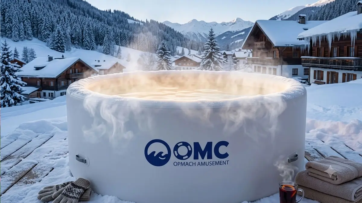 Integrated heated inflatable swimming pool system layout with commercial inverter heat pump and insulated thermal cover