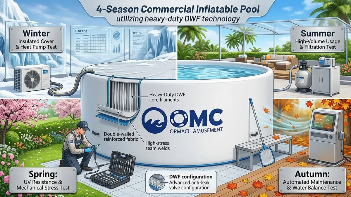 Heavy-duty 4-season commercial inflatable pool engineering details and DWF drop stitch fabric matrix configuration