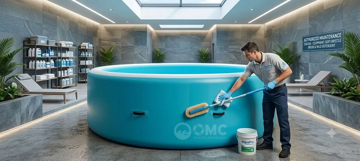 Worker performing commercial inflatable pool maintenance using non-abrasive tools