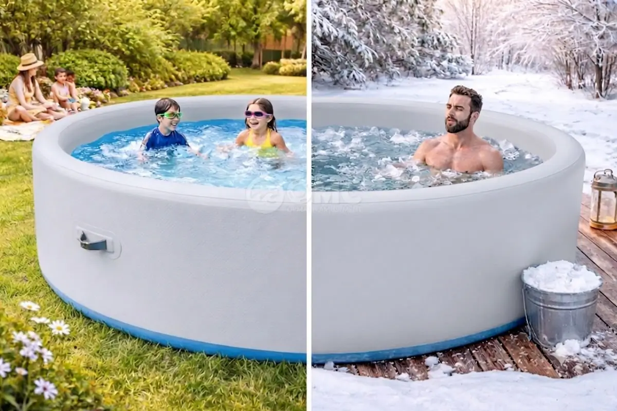 Dual-use high-end drop stitch inflatable pool serving as a family summer pool and an elite winter ice bath cold plunge setup