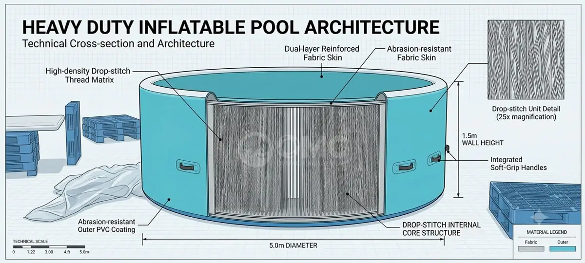 Technical cross-section of a heavy duty inflatable pool showing the high-density drop stitch thread architecture