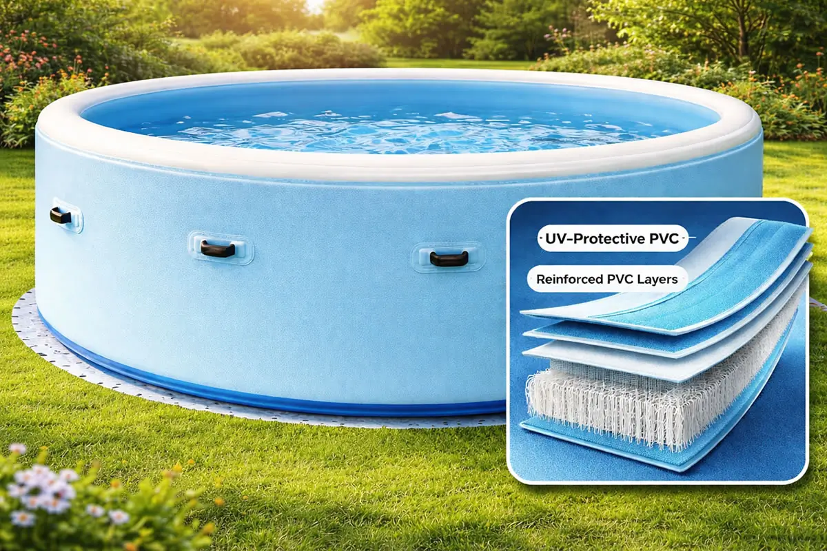 Cross-section diagram illustrating 20cm drop stitch pool thickness specifications and multi-layer PVC coating