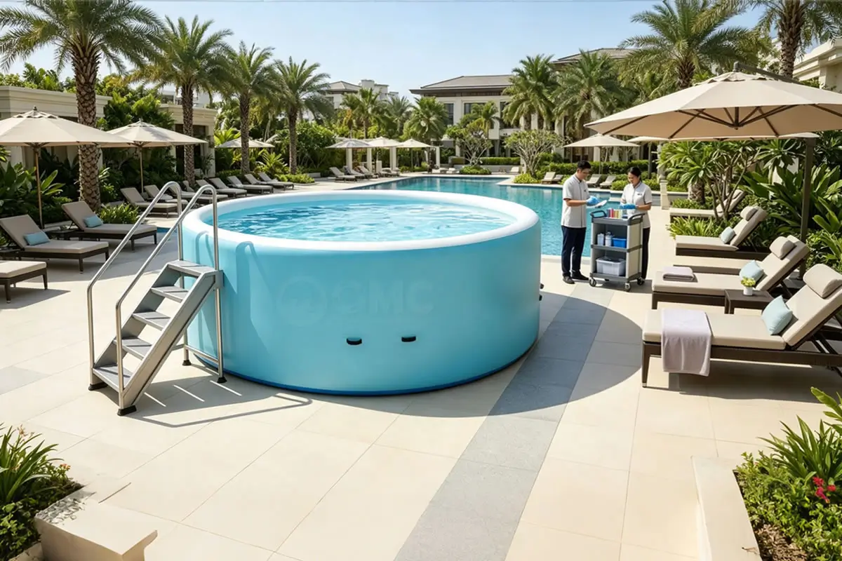 Resort installation with professional setup, fencing, and lounge area