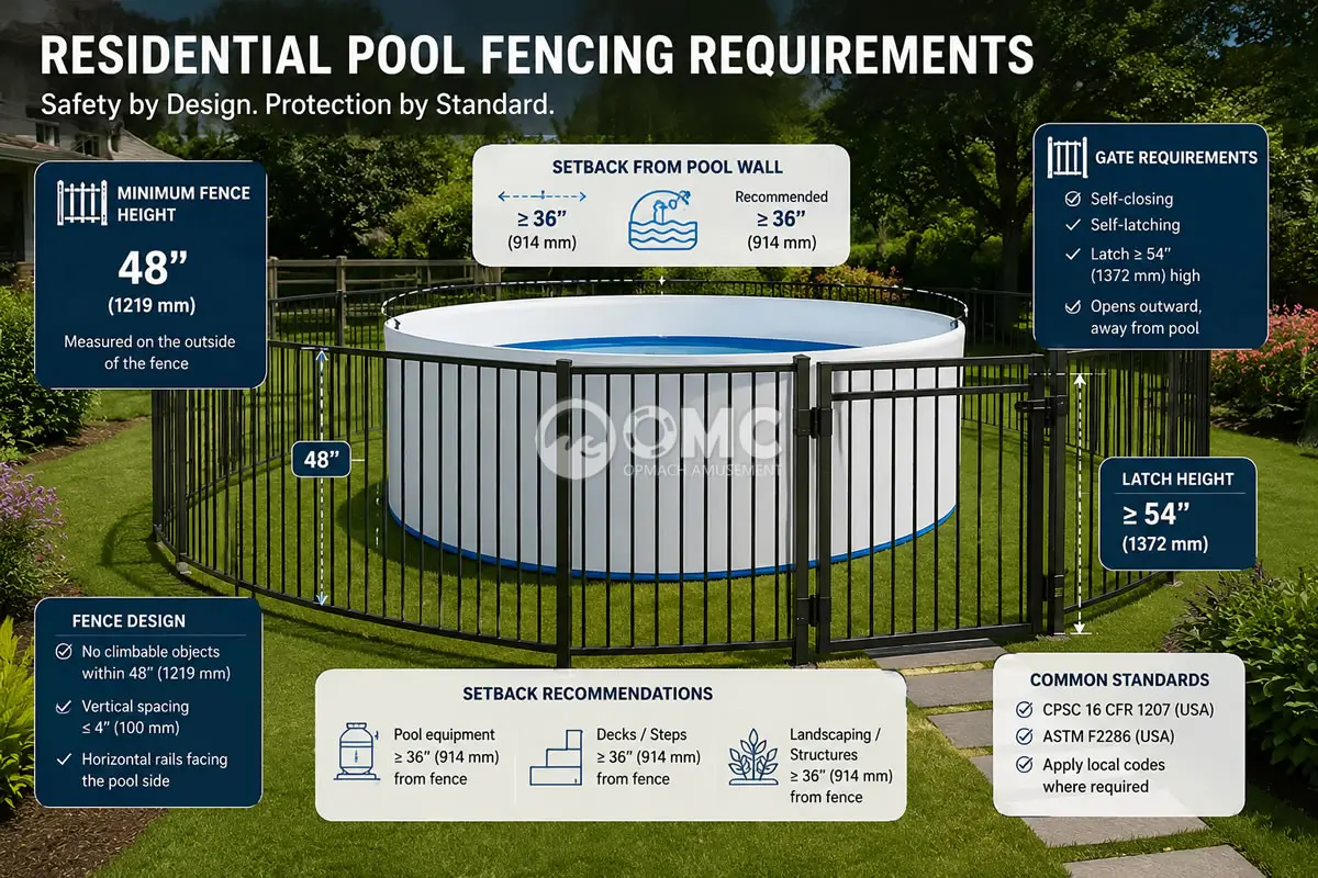 Fencing diagram – 48″ height, self‑closing gate, setback distances