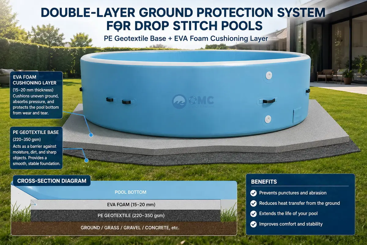 Cross-section diagram showing double-layer ground protection system under a Drop Stitch pool – PE geotextile base plus EVA foam cushioning layer