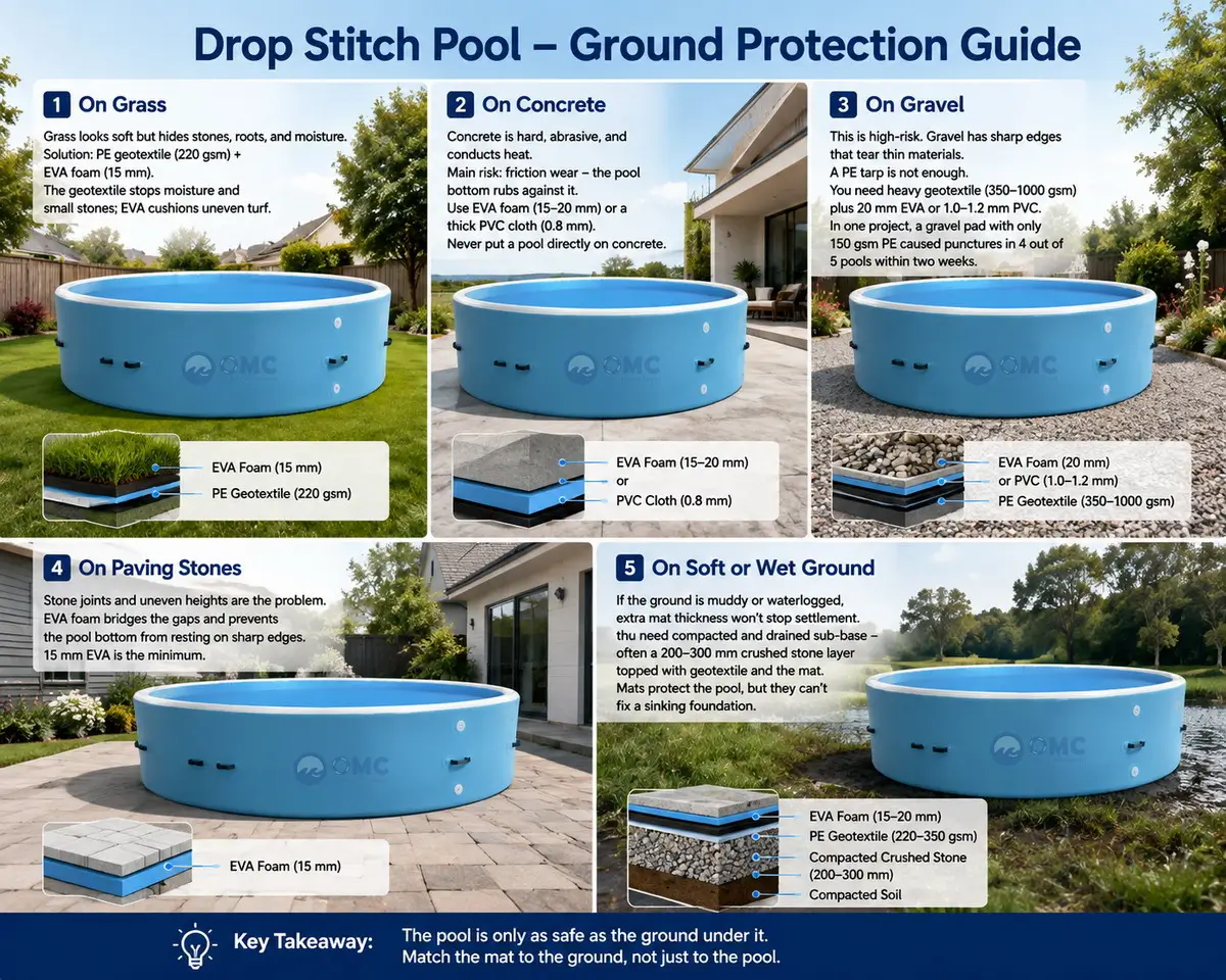 Comparison of ground protection recommendations for Drop Stitch pools on grass, concrete, gravel, paving stones, and soft ground