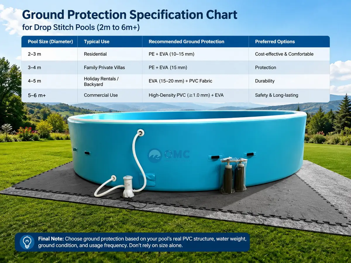 Ground protection specification chart for Drop Stitch pools from 2m to 6m+ with corresponding mat recommendations